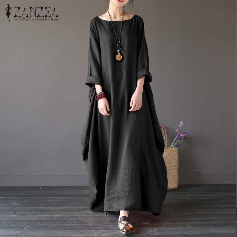 ZANZEA Womens Crewneck 3/4 Batwing Sleeve Baggy Maxi Long Shirt Dress Casual Party Kaftan