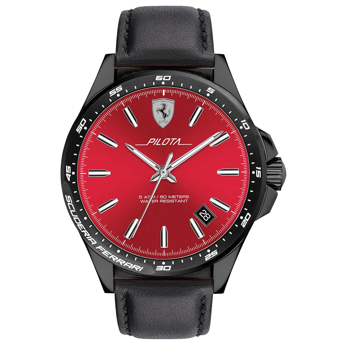 Ferrari Ferrari Pilota Black Stainless-Steel Case Leather Strap Mens NWT + Warranty 0830525