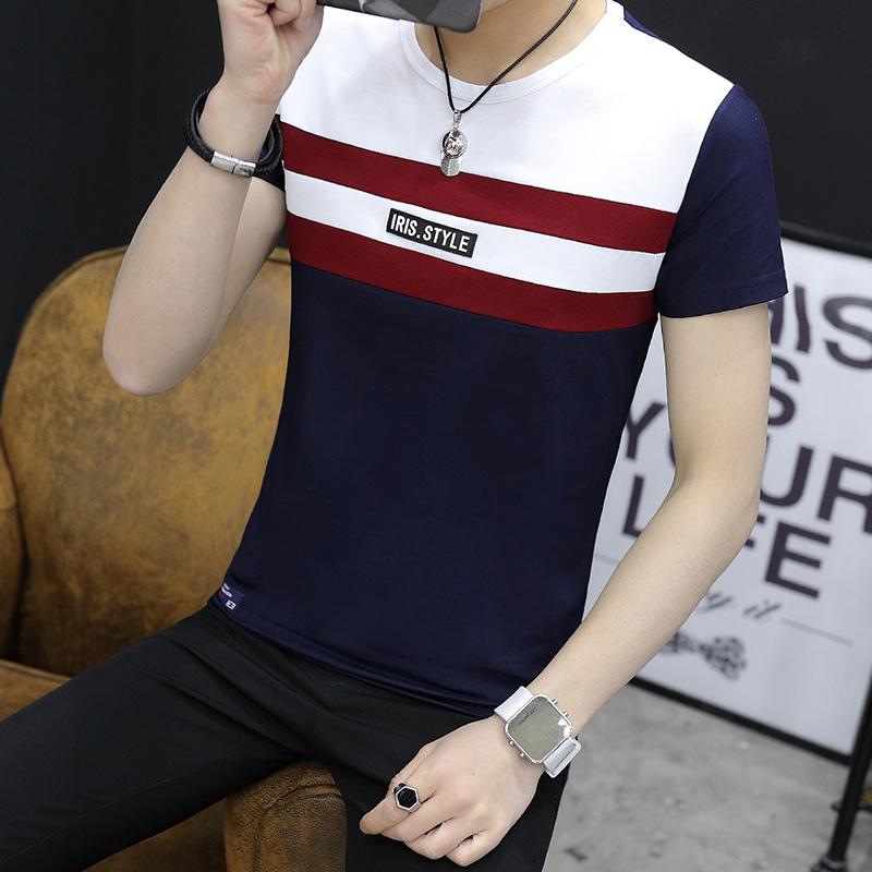2018 Musim panas Pria motif garis casual lengan pendek baju kaos model baru anak muda casual Lengan Pendek Xia Gaya Korea Tren pakaian pria