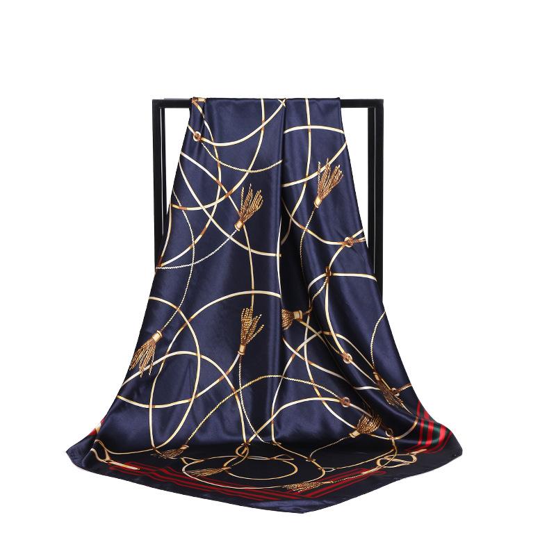 Sutra Syal Besar Persegi Tali Rantai Rumbai Kain Sutra Yang Ditiru 90 Cm * 90 Cm Bergaya Bunga Satin Sutra Syal selendang Jilbab Pashima Bandana SSCARF20180321H1565-Internasional
