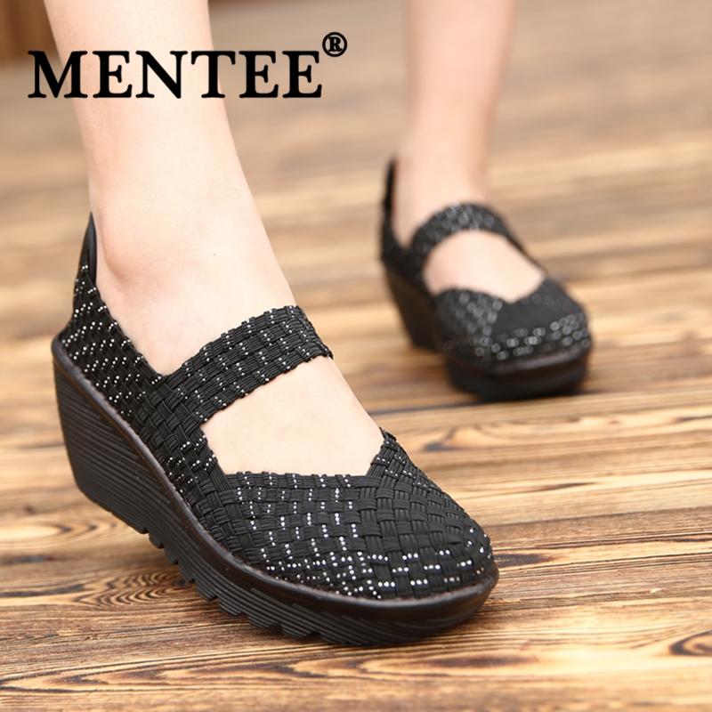 MENTEE Wanita Kasual Tenunan Tangan Sepatu Tinggi Meningkatkan Bernapas Berjalan Sepatu