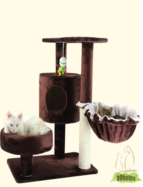 chocolate colored cat climber with side bowl