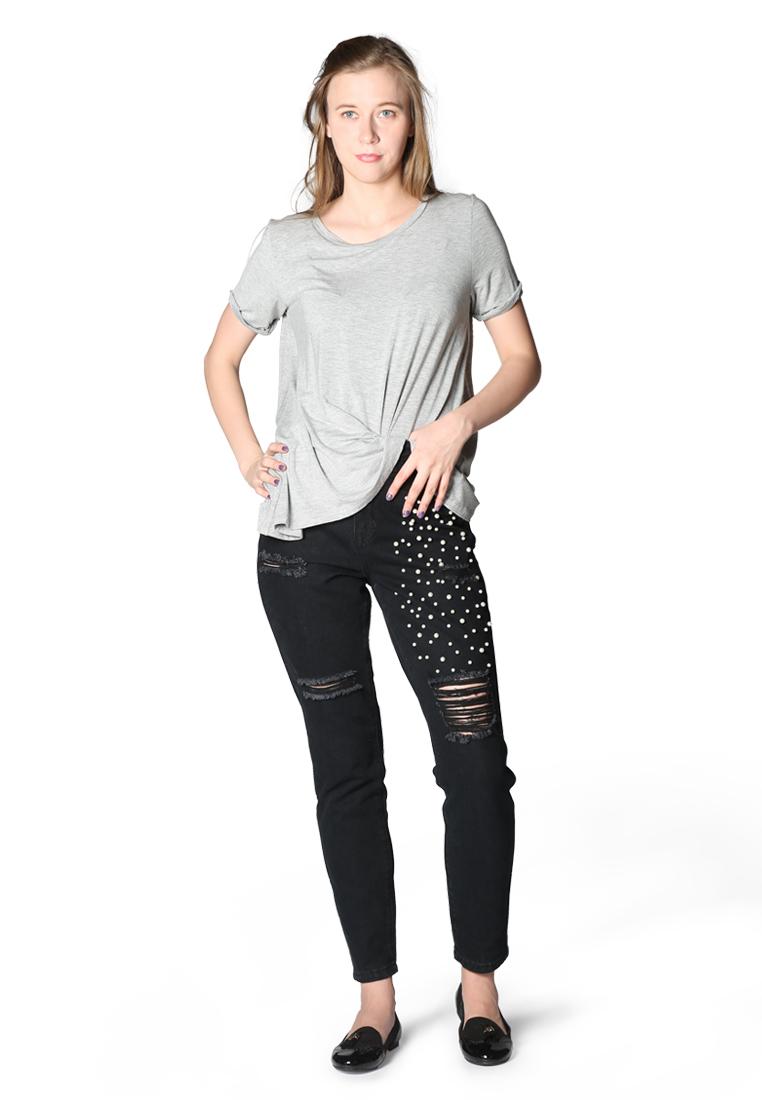 London Rag Women's Black Ripped and Pearl Stud Slim fit Jeans