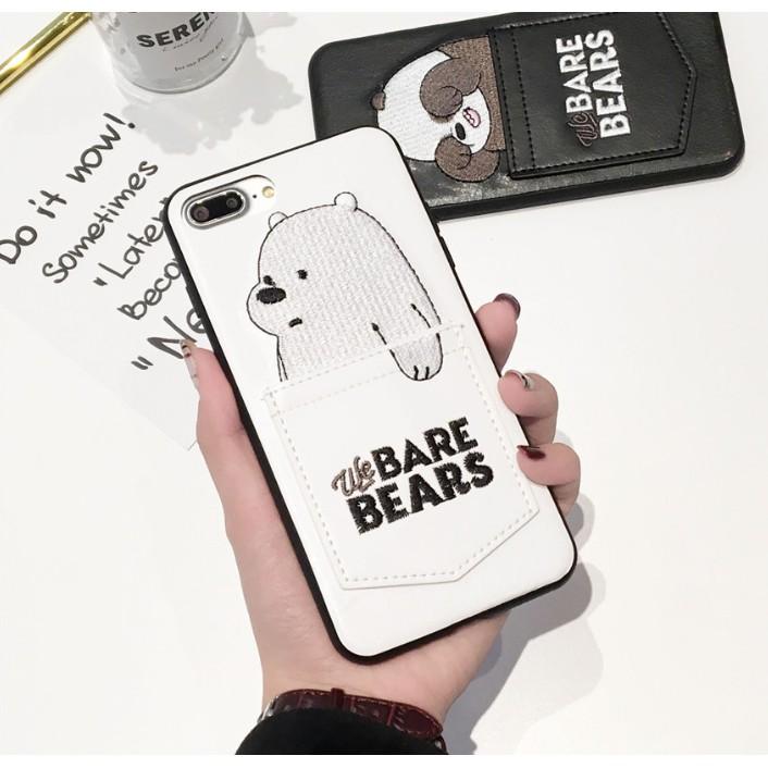 Beruang Kartun Lucu Bordir Kulit Casing Ponsel dengan Saku Kartu untuk iPhone Spesifikasi: Iphone 8 P/7 P (5.5)