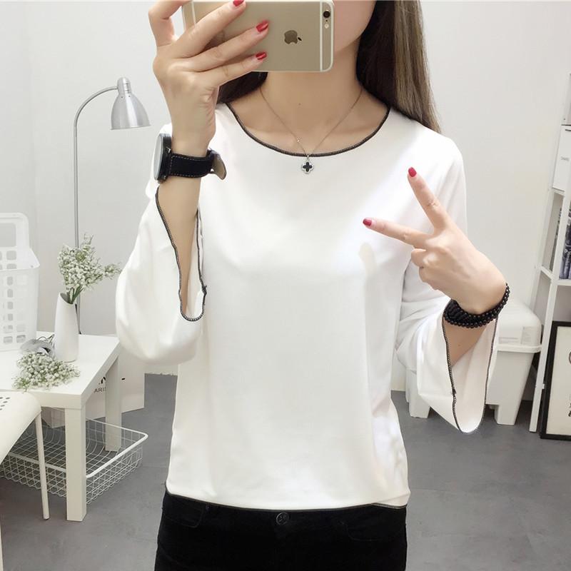 Korea Fashion Style Model Laris Lengan Terompet Lindung Nilai Musim Gugur Perempuan Atasan Lengan Panjang Bottoming Kemeja (Putih) baju wanita baju atasan kemeja wanita