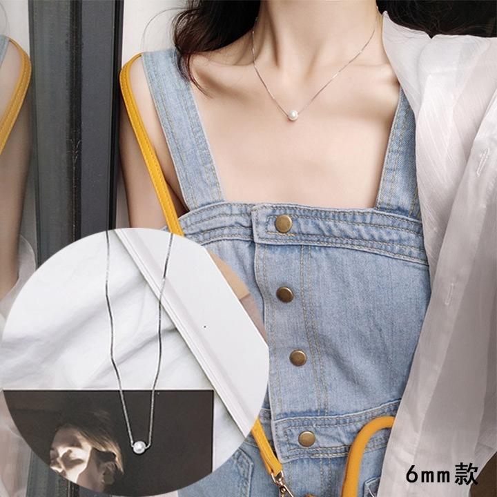 【Manik kalung berlapis emas putih 6MM】Jepang Korea temperamen sederhana liar hadiah ulang tahun mutiara alami liontin kalung pendek rantai klavikula perempuan aksesoris