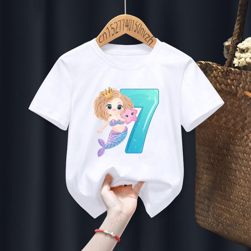 Mermaid Birthday Numbers Print Boy Girl White T-shirt Kid Summer Harajuku Kawaii Funny Clothes Little Baby Y2K Clothes,Drop Ship - 4