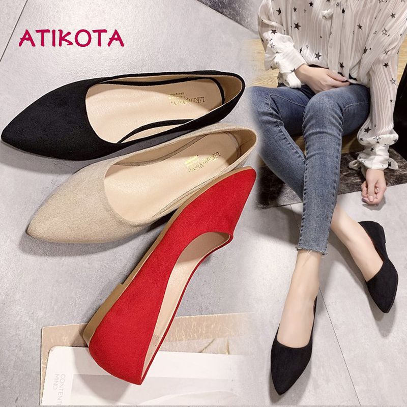 Atikota da lộn chỉ dẹt đế giày nữ thời trang giày đơn công việc thường giày