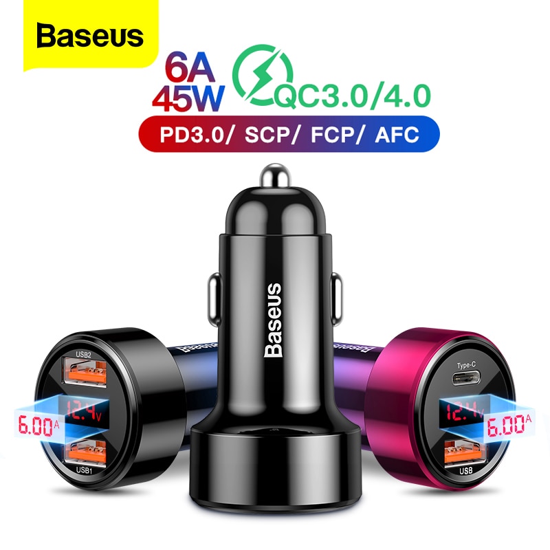 Baseus 45W Quick Charge 4.0 3.0 USB Car Charger Fast Charging สำหรับ iPhone 12 11 Xiaomi Samsung QC4.0 QC3.0 QC Type C PD Car Fast เครื่องชาร์จโทรศัพท์มือถือ