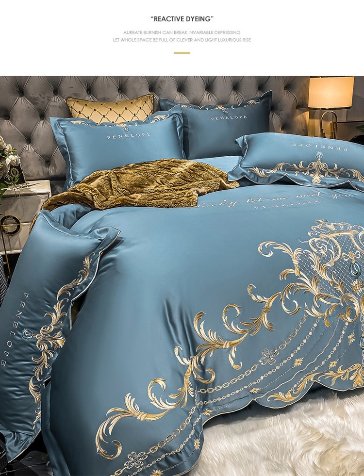 ◇ Liaozhe Set lenzuolo in cotone con ricamo di alta gamma in stile europeo e copripiumino montato in Tencel