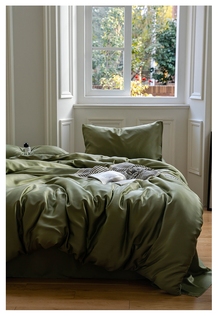 J6DA Light Luxury 60 Tencel Solid Color Bed Sheet Four-Piece Set Cold Wind Ice Silk Quilt Cover Summer Silky Quilt Single Bed