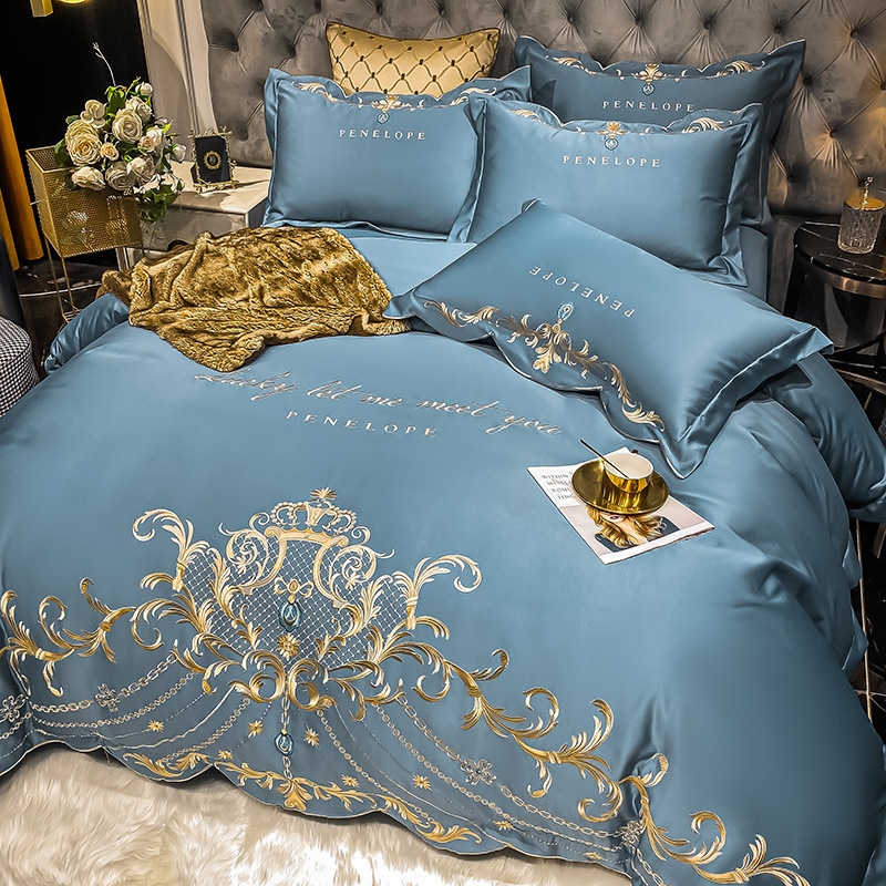 ◇ Liaozhe Set lenzuolo in cotone con ricamo di alta gamma in stile europeo e copripiumino montato in Tencel