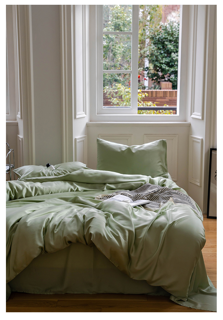 J6DA Light Luxury 60 Tencel Solid Color Bed Sheet Four-Piece Set Cold Wind Ice Silk Quilt Cover Summer Silky Quilt Single Bed