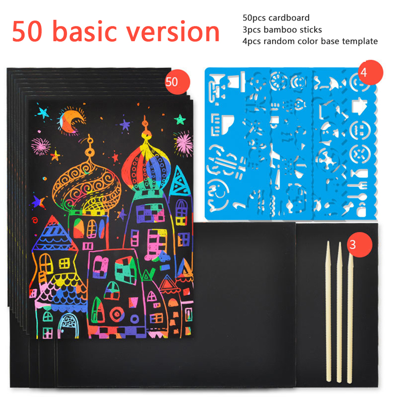 FOO 50แผ่นขูดกระดาษวาดรูปเด็ก DIY หัตถกรรมวาด Magic Rainbow ชุดการ์ด