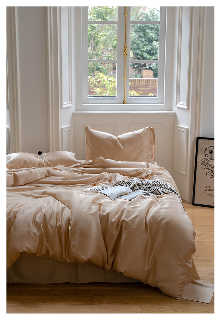 J6DA Light Luxury 60 Tencel Solid Color Bed Sheet Four-Piece Set Cold Wind Ice Silk Quilt Cover Summer Silky Quilt Single Bed