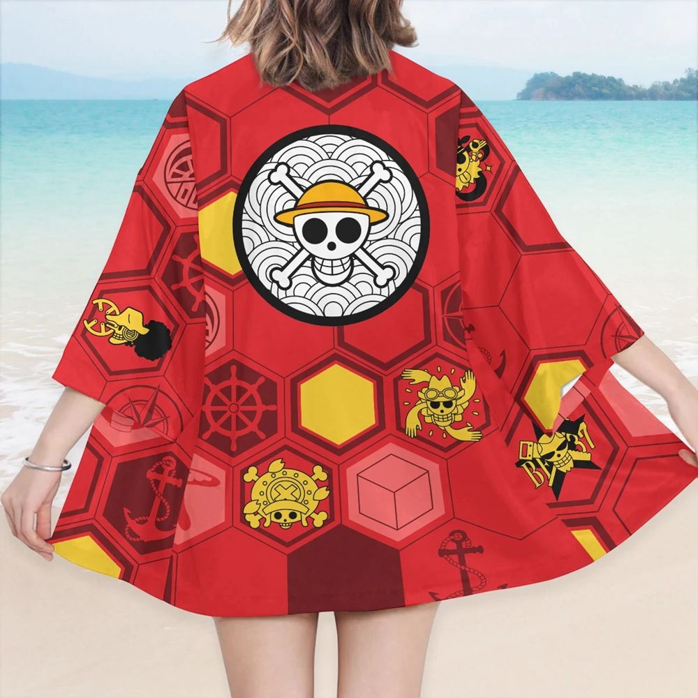 Oxtrwz đỏ dành cho nam nữ trang phục thiết lập khỉ D Luffy Kimono áo Bộ đồ