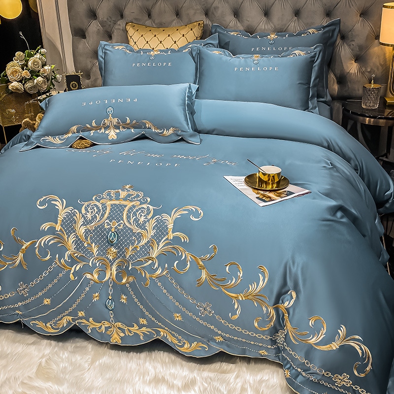◇ Liaozhe Set lenzuolo in cotone con ricamo di alta gamma in stile europeo e copripiumino montato in Tencel