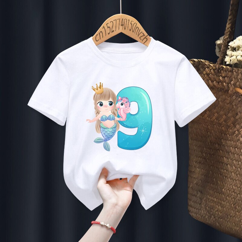 Mermaid Birthday Numbers Print Boy Girl White T-shirt Kid Summer Harajuku Kawaii Funny Clothes Little Baby Y2K Clothes,Drop Ship - 8
