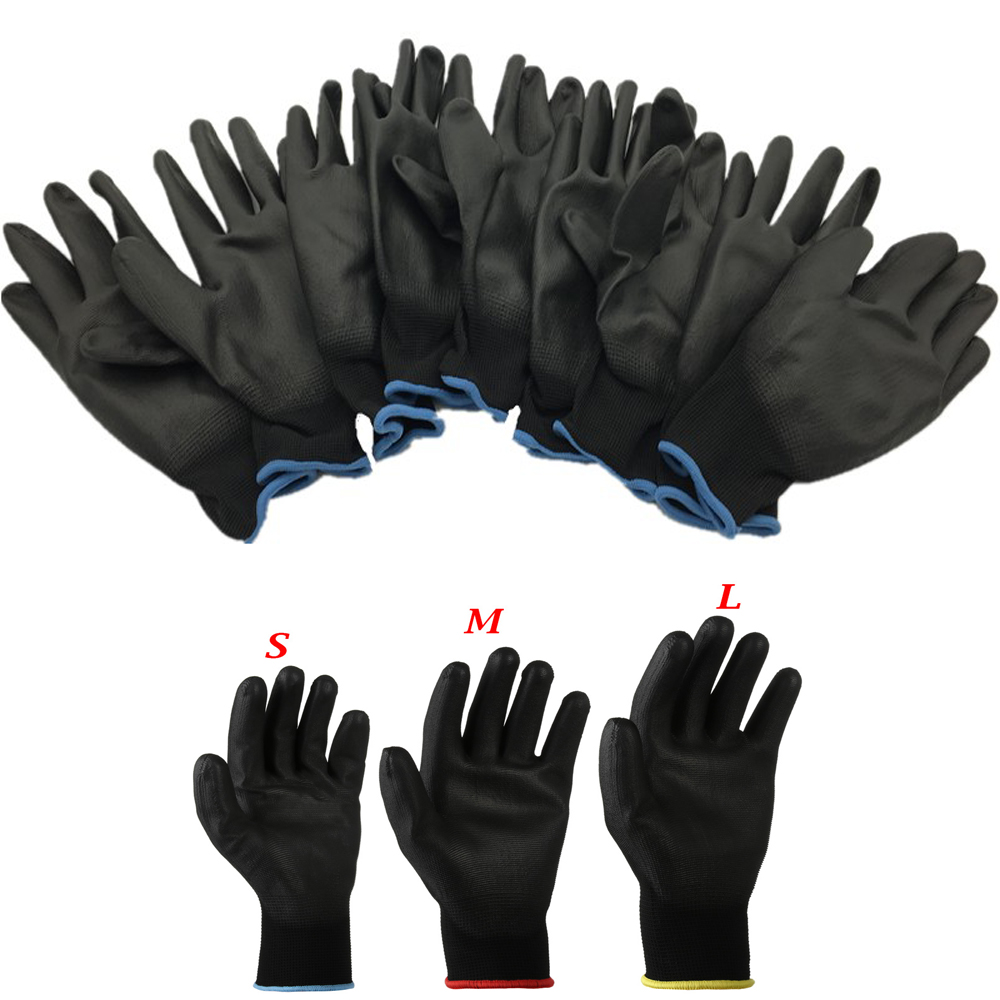QIZI9595 1/6คู่ Anti-Static Black PU ป้องกันยูรีเทนถุงมือทำงานเคลือบผิว