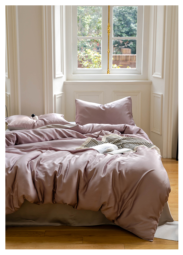 J6DA Light Luxury 60 Tencel Solid Color Bed Sheet Four-Piece Set Cold Wind Ice Silk Quilt Cover Summer Silky Quilt Single Bed