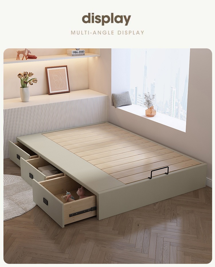 Giường gỗ nguyên khối có ngăn kéo bên hông mở lưu trữ giường cao hiện đại đơn giản giường căn hộ nhỏ tatami