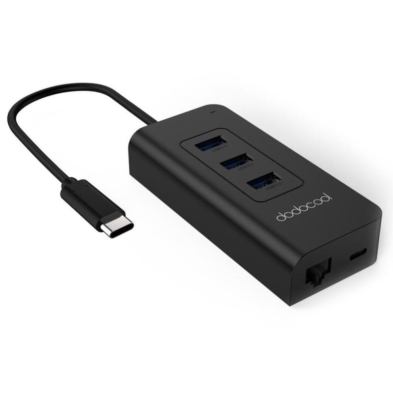 dodocool USB-C 3.1 to 3-Port USB-A 3.0 Hub with Gigabit Ethernet Adapter and Power Delivery Black - intl