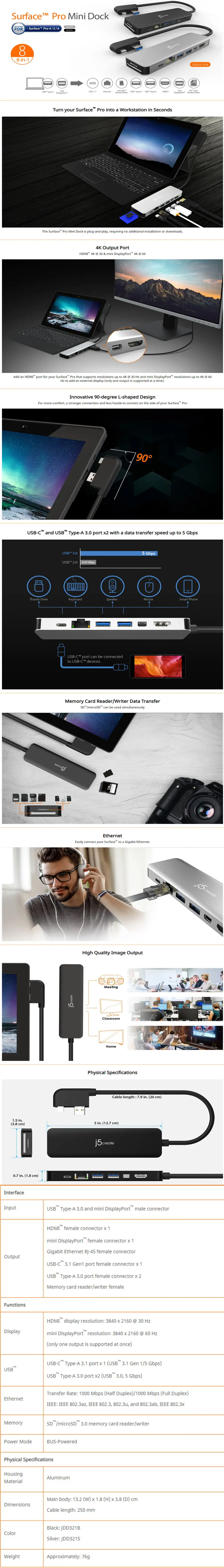 J5 Create Jdd321s Mini Dock 8 In 1 For Surface Pro 4 5 6 Silver Lazada Singapore