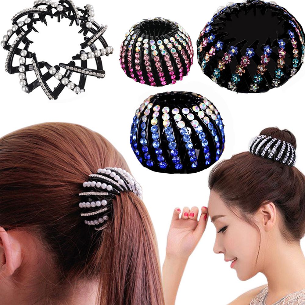 HeadwearผมCurler Roller RhinestoneคริสตัลผมBun Makerหางม้าClampsผมห่อพับBird Nestกิ๊บหนีบผม