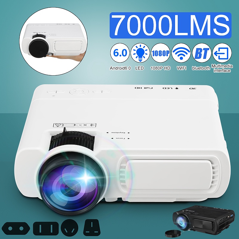 เครื่องโปรเจคเตอร์ มินิโปรเจคเตอร์โฮมเธียเตอร์ Mini 1080P Full HD Projector T5 LCD 7000 Lumen Wifi bluetooth Home Theater Android 6.0 Audio Speaker Home Theater Cinema