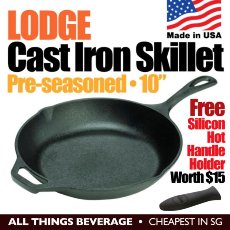 Lodge Cast Iron Round Skillet Grill Pan Pre seasoned 10 25cm Free Silicon Hot Handle Holder Made in USA Singapore