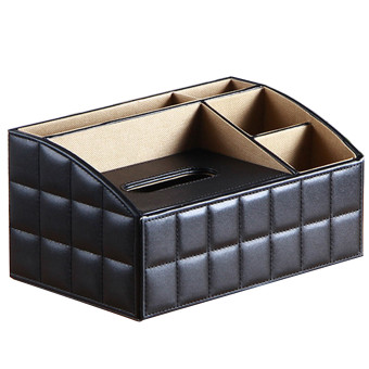 Multifunctional PU Leather Home Office Hotel Tissue Box Case Holder Remote Control Holder Black