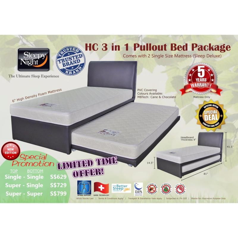 Sleepy Night 3 in 1 Pullout Bed Package - Super Single Top/Super
Single Bottom, Sleep Deluxe 6 (Cane)