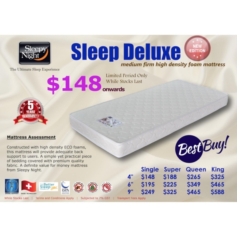 Sleepy Night Sleep Deluxe High Density Foam Mattress, Single 6
(FREE DELIVERY)