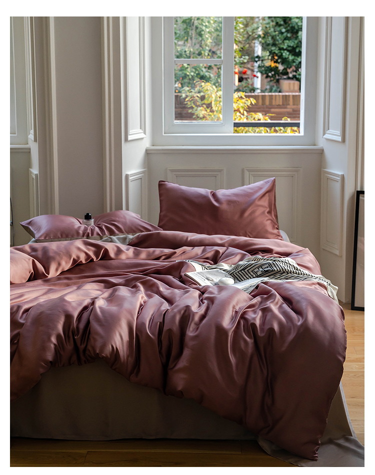 J6DA Light Luxury 60 Tencel Solid Color Bed Sheet Four-Piece Set Cold Wind Ice Silk Quilt Cover Summer Silky Quilt Single Bed