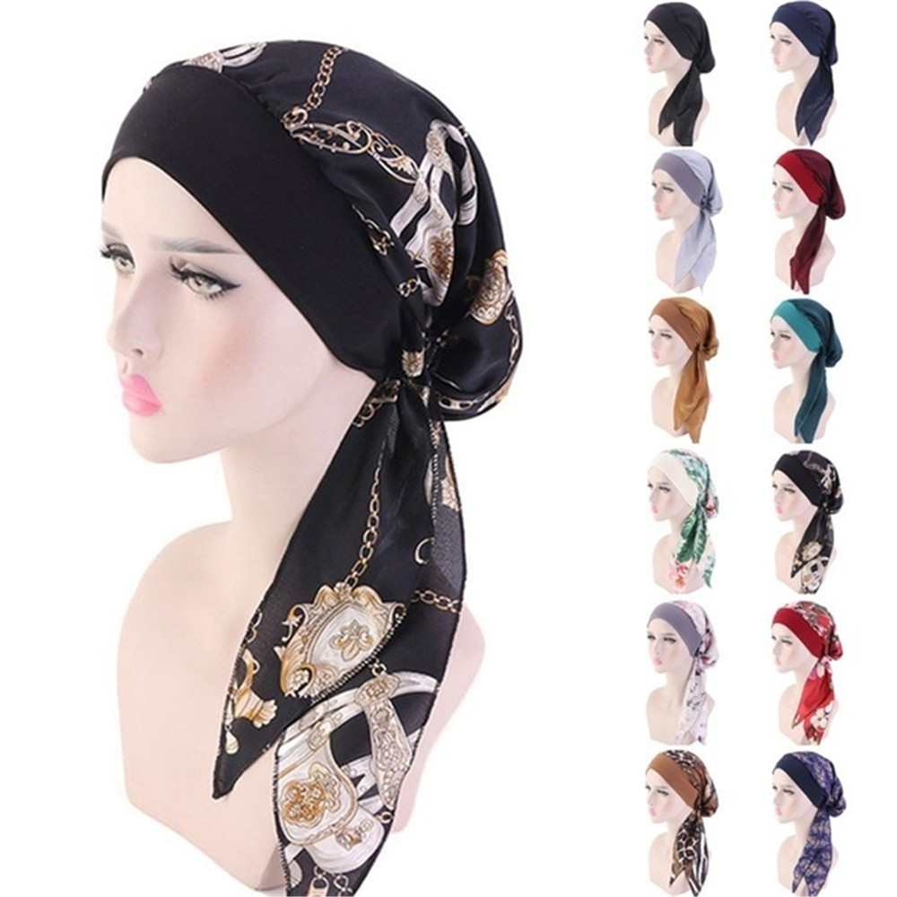 QIZI9595 Fashion Pre-Tied Headwear Elastic Chemo Pirate Cap Hair Loss Hat Cancer Head Scarf Muslim Turban