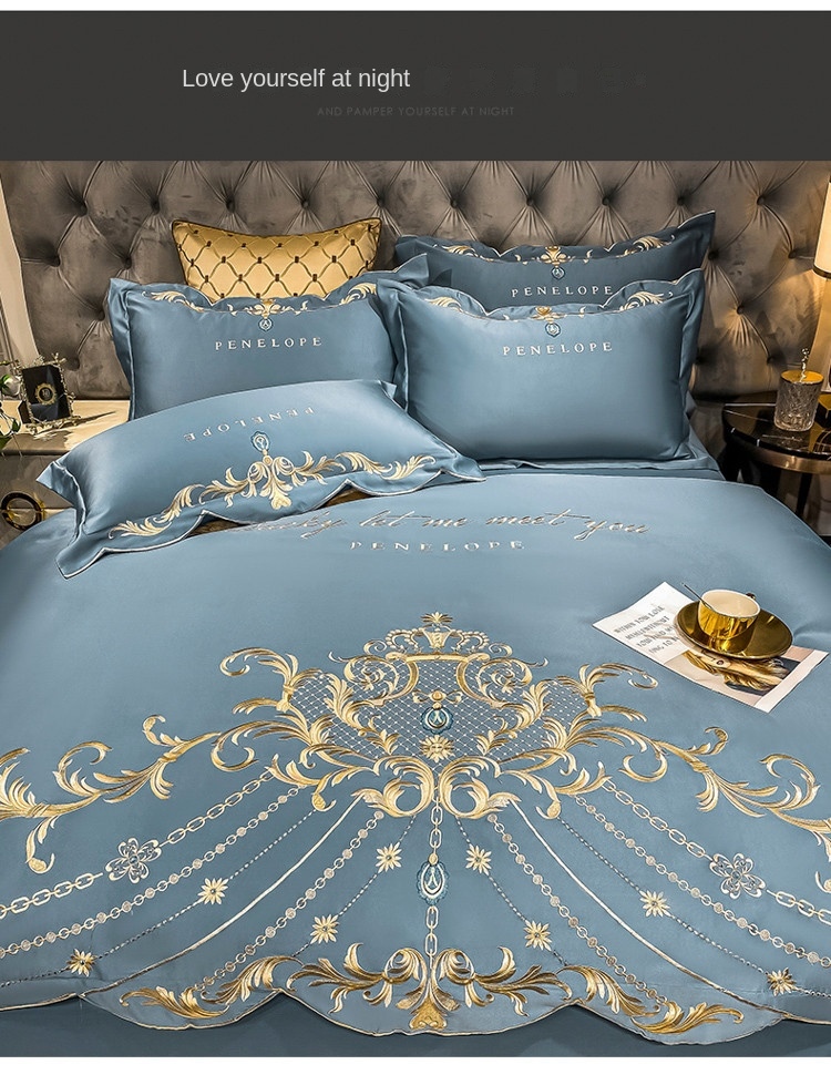 ◇ Liaozhe Set lenzuolo in cotone con ricamo di alta gamma in stile europeo e copripiumino montato in Tencel