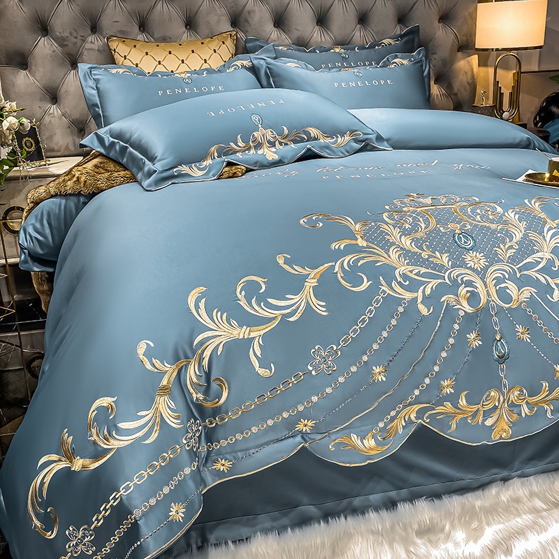 ◇ Liaozhe Set lenzuolo in cotone con ricamo di alta gamma in stile europeo e copripiumino montato in Tencel