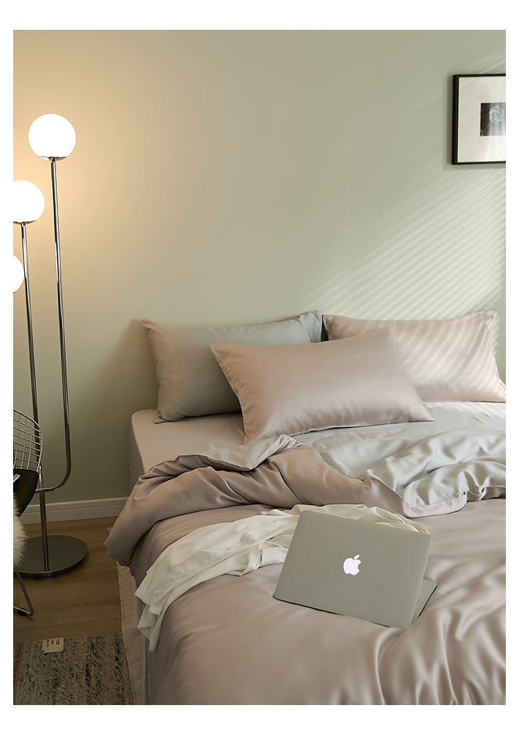 J6DA Light Luxury 60 Tencel Solid Color Bed Sheet Four-Piece Set Cold Wind Ice Silk Quilt Cover Summer Silky Quilt Single Bed