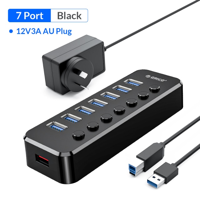 ORICO USB พลังงาน3.0 HUB 7พอร์ต4พอร์ตสายต่อขยายส่งข้อมูล1ชาร์จพอร์ตและสวิตช์เปิด/ปิด12V Power Adapter สำหรับ PC