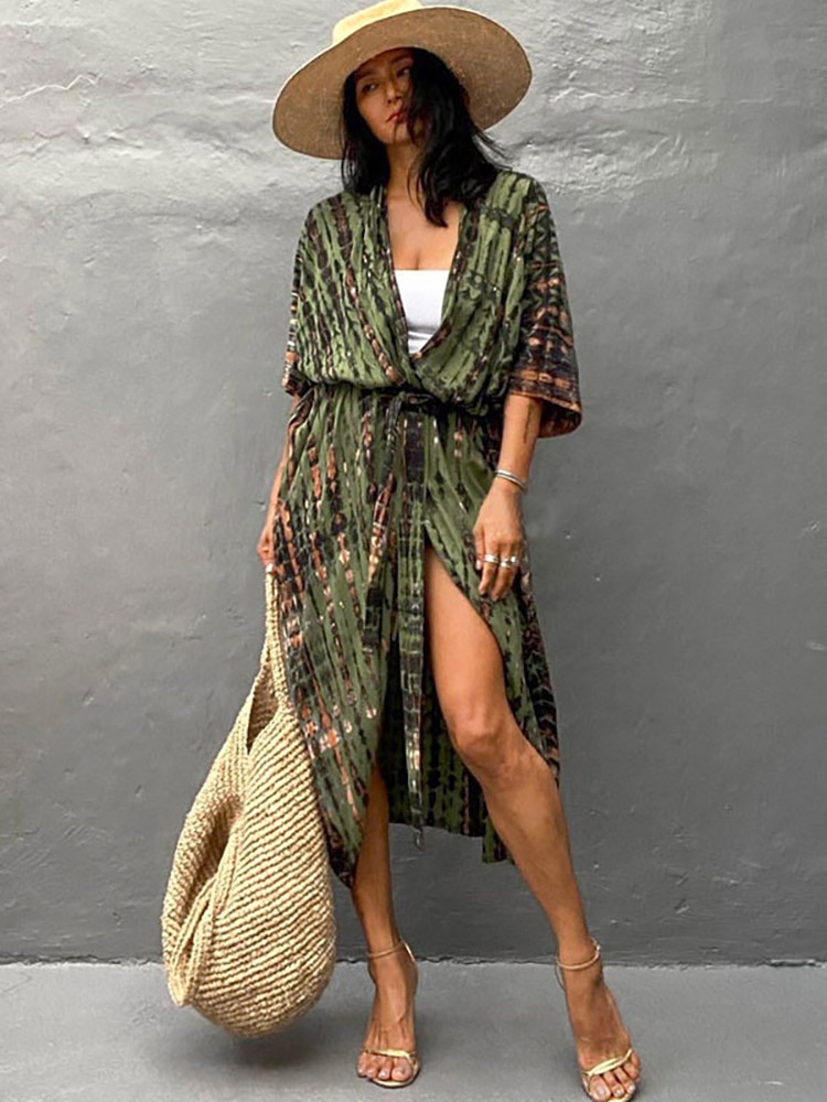 2023 Sexy Bikini Tie-dyed Cover-ups Beach Pareo Stripes Tie Dye Kimono Swimsuit Dress Summer Women Beachwear Boho Bathing Suit Cover Up