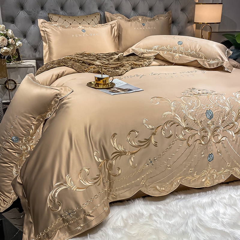 ◇ Liaozhe Set lenzuolo in cotone con ricamo di alta gamma in stile europeo e copripiumino montato in Tencel