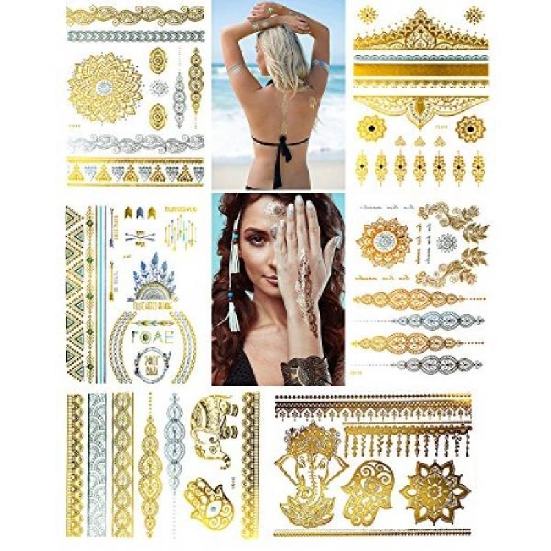Buy Metallic Temporary Henna Tattoo, 75+ Waterproof Fake Shimmer Tattoos Stylish Designs Stickers for Body Art Gold and Silver for Parties, Festivals, Beaches and Weddings,Over 75 Number of Stickers Singapore