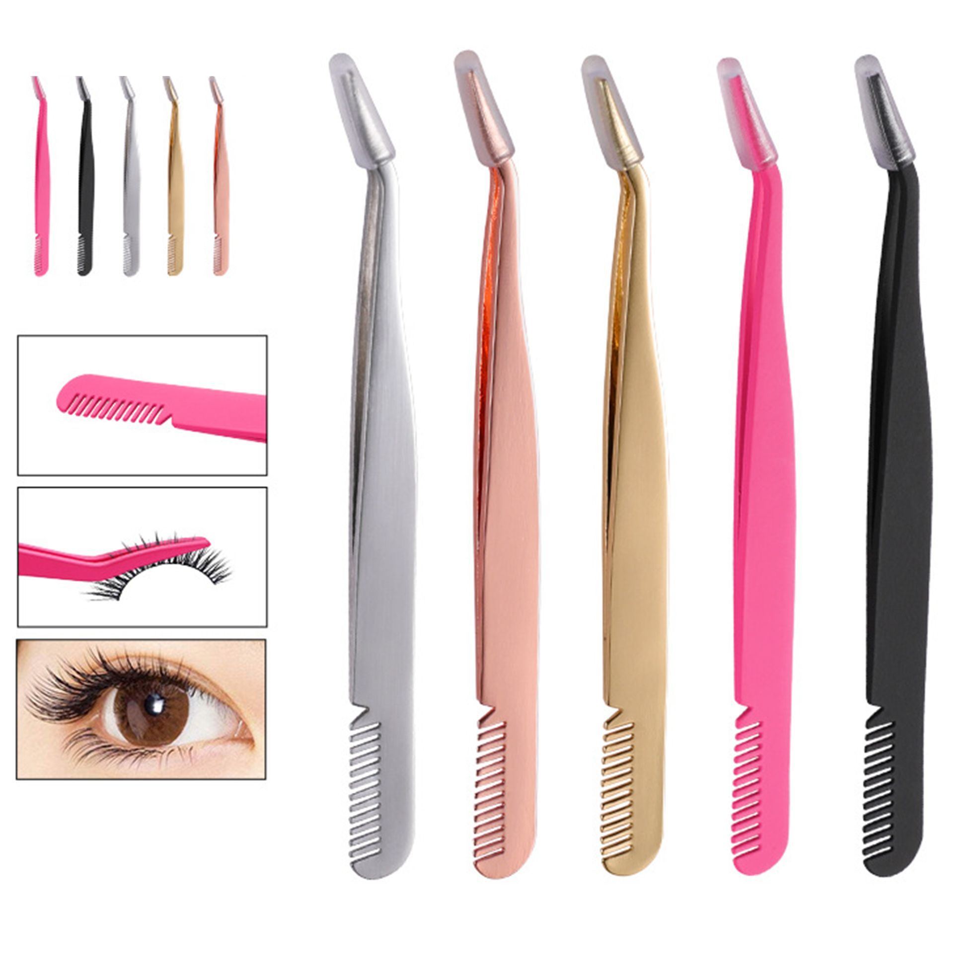 CUANFENGS28 Toiletry Kits Pinzette Clip Eyelashes Extension Curved Pointed Tweezers Tweezers for Eyelash Extension Stainless Steel Professional Eyebrow Tweezer Eyebrow Brush Comb