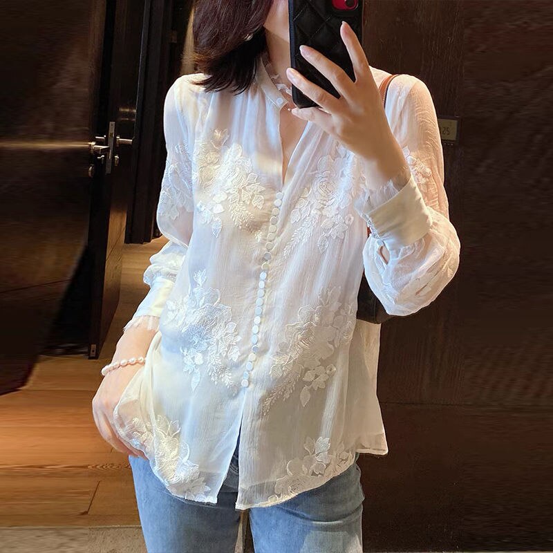 [NEW 2023] Fashion New Ladies Gauze Long Sleeve Embroidery White Shirt Top Spring Summer Women's Clothing Loose Elegant Stand Collar Blouse