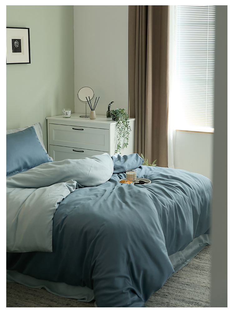 J6DA Light Luxury 60 Tencel Solid Color Bed Sheet Four-Piece Set Cold Wind Ice Silk Quilt Cover Summer Silky Quilt Single Bed