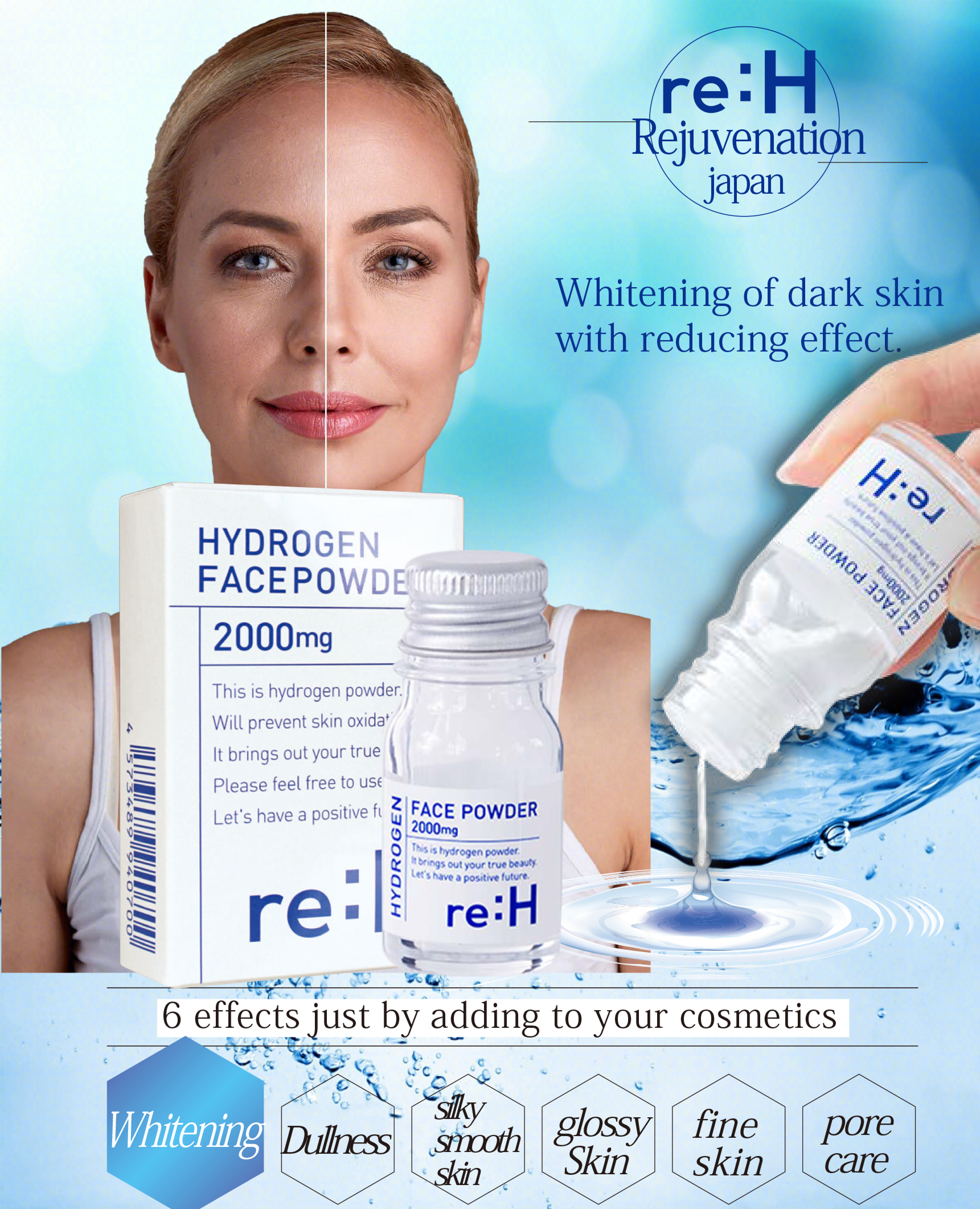 Gambar ?Free Gift?Re H Hydrogen Antioxidant PowerGlow skin Whitening and Anti aging Face Powder 2000mg Hydrogen powder helps rejuvenate the skinHelps repair dullness, freckles, and roughness from the roots to whiten the skin