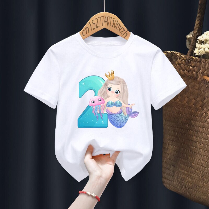 Mermaid Birthday Numbers Print Boy Girl White T-shirt Kid Summer Harajuku Kawaii Funny Clothes Little Baby Y2K Clothes,Drop Ship - 6