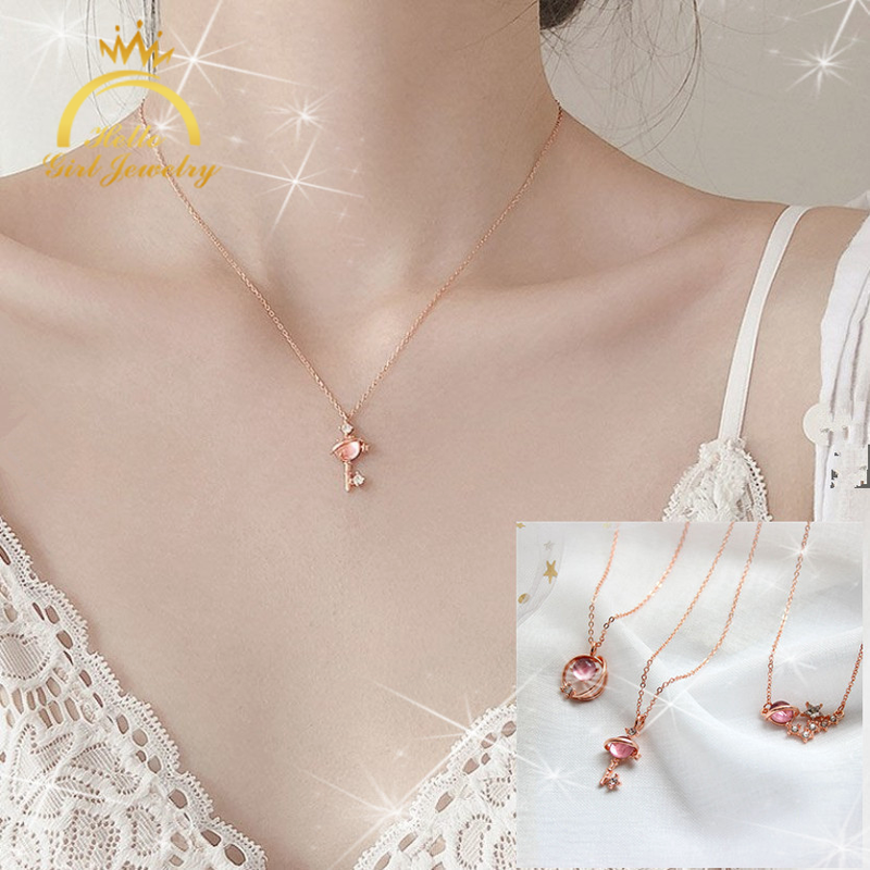 Hello Girl Trang sức Thời trang Mặt dây chuyền pha lê màu hồng Dây chuyền vàng hồng Dây chuyền nữ