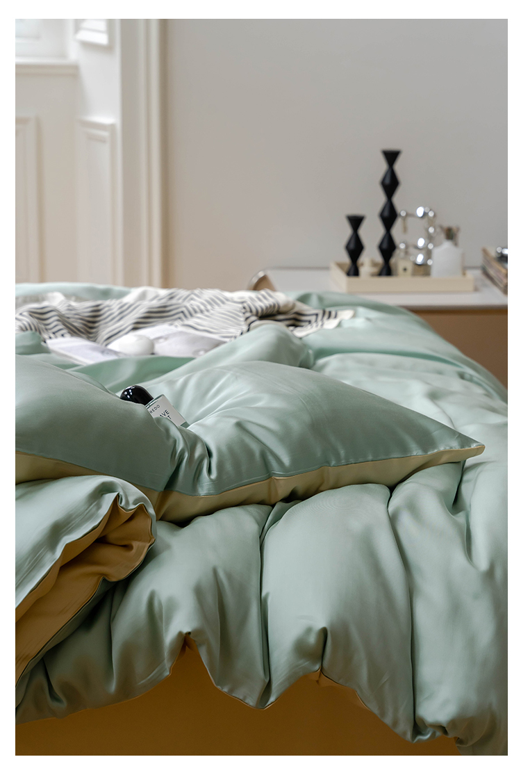J6DA Light Luxury 60 Tencel Solid Color Bed Sheet Four-Piece Set Cold Wind Ice Silk Quilt Cover Summer Silky Quilt Single Bed