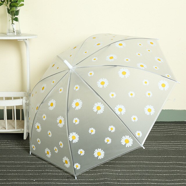 ร่มสุภาพสตรีร่มขนาดเล็ก Daisy ร่มใสอัตโนมัติยาวร่มลายตรงง่ายฝนแดดออก Dual-ใช้ร่ม